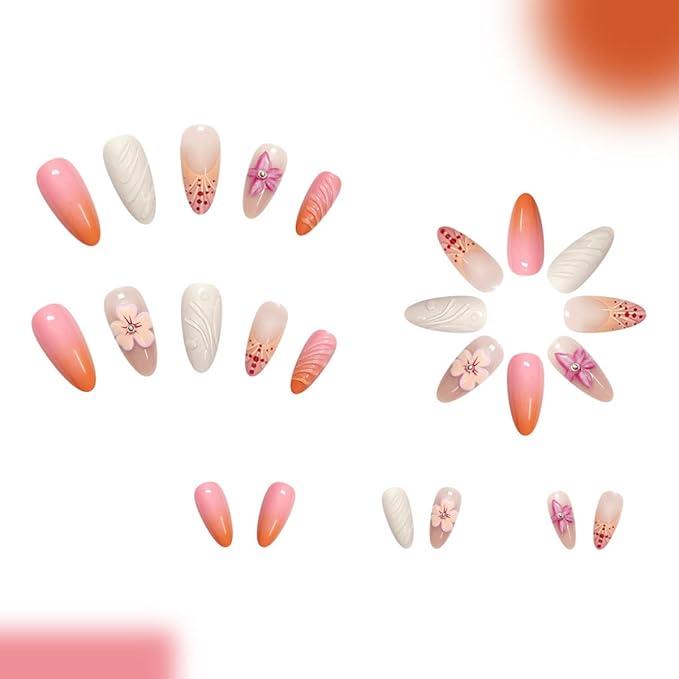 Summer Press on Nails Almond - Medium French Tip Fake Nails 3D Flower Fake Nails Press ons with Silver Beads Design, Glossy Acrylic Nails Full Cover Glue on Nails for Women Manicure 24Pcs