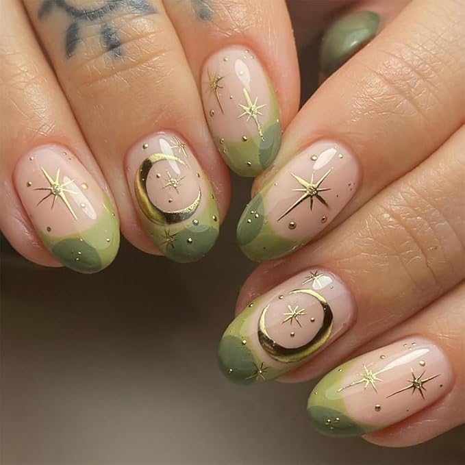 Press on Nails Almond Green Star French Fake Nails French Fake Reusable Nail Kit with Nail Glue Adhesive Tabs Mini Nail File for Women Manicure Art Decoration 24PCS