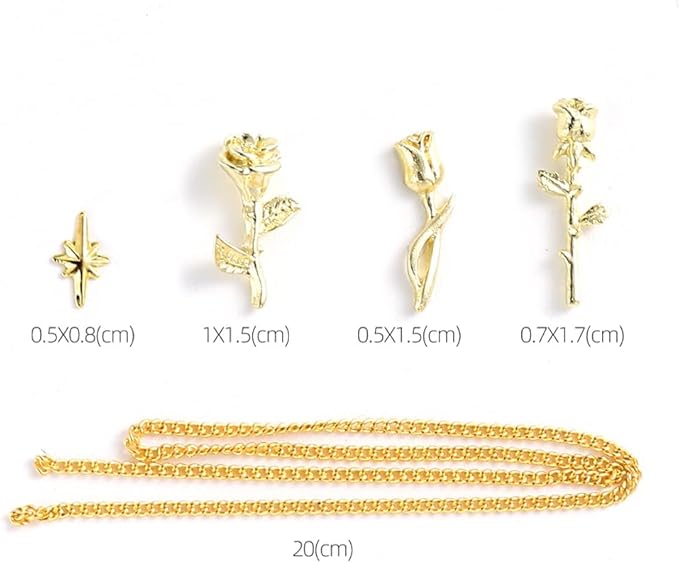 Gold Rose Art Charms, Mixed Styles 3D Metal Roses Flowers Alloy Jewels, Chains Star Beads Rivets Studs for Women Girls Nails Supplies DIY Crafts Decorations