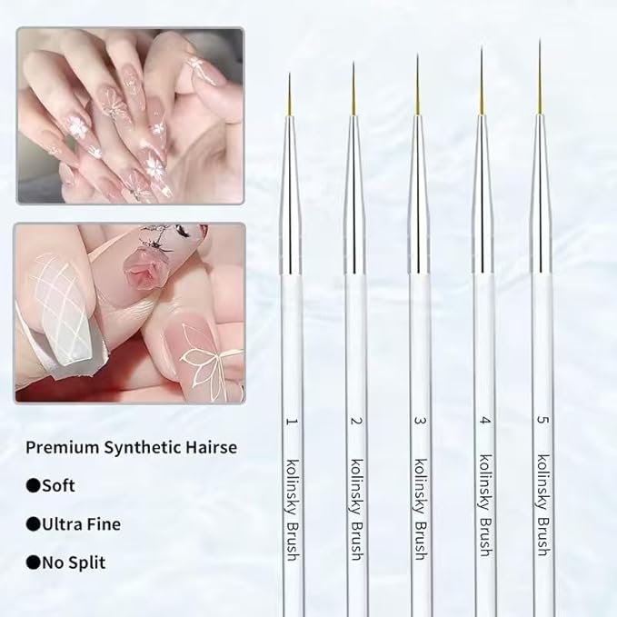 5Pcs Kolinsky Nail Art Liner Brushes Set, Precision Striping Brushes for Long Lines & Intricate Details, Sizes 7/9/13/18/25mm Fine Liner Pens for Gel Polish & DIY Nail Design