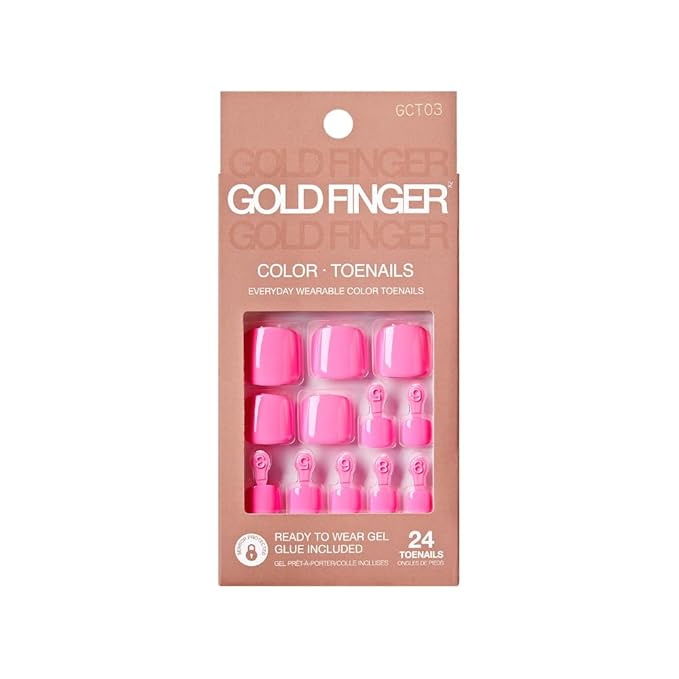 GoldFinger Press On Toenails Kit, High Pigment Pink Color Fake Toenail, Ready to Wear Gel & Manicure Stick, 2g Glue included, Long-Lasting Convenient & Easy to Apply