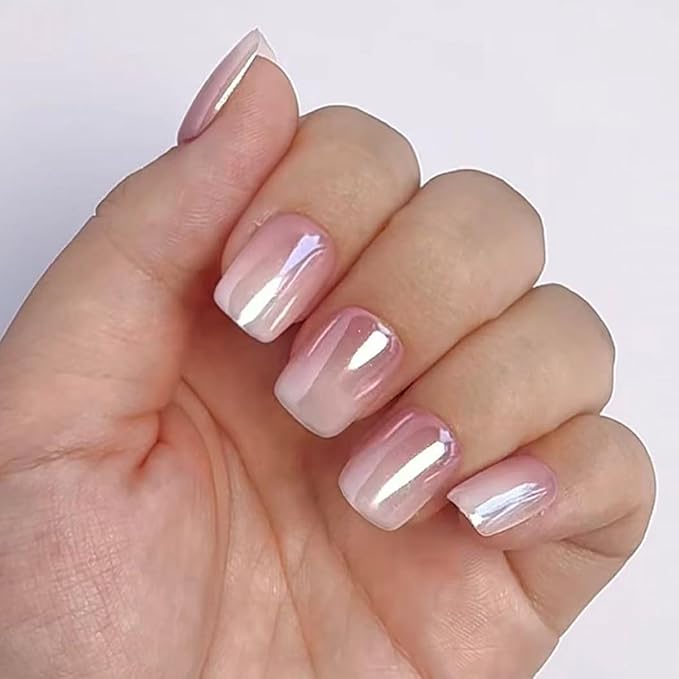 Ombre Glazed Press on Nails Short Square Fake Nails White Chrome Nails Press ons with Design Full Cover Glue on Nail Stick on Nails for Women Manicure,Glossy | Reusable | Glue Tab | Easy Apply | 24Pcs