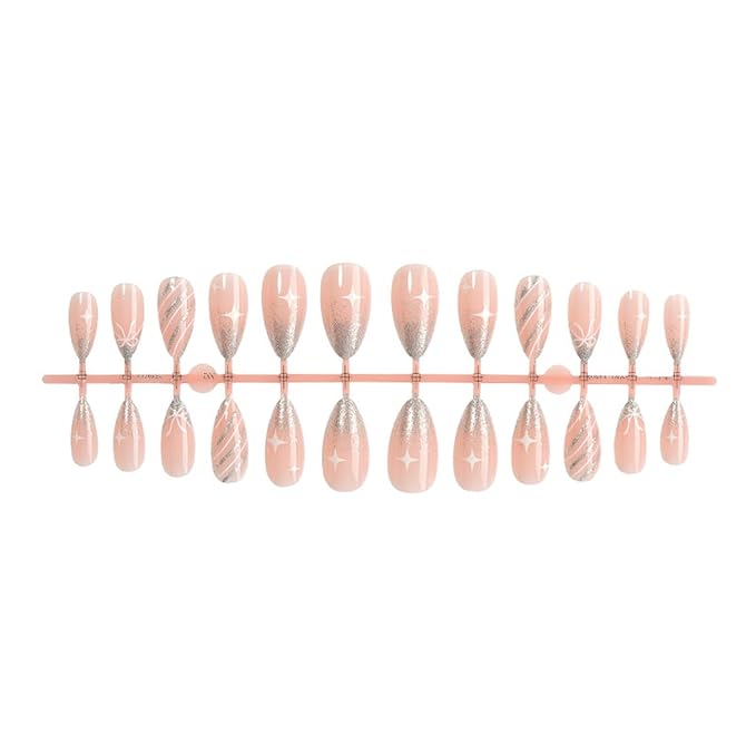 Holiday Press on Nails Short Almond Fake Nails Christmas Nails Press ons with Silver Glitter Design Full Cover Stick on Nails for Women Festive Manicure,Reusable | Nail Sticky Tab | Easy Apply | 24Pcs