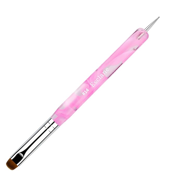 French Manicure Brush, Esclane 2 Way French Nail Brush with Dotting Tool for Manicure Cuticle Clean Up Nail Art Design, French Tip Brush (Pink, #14)