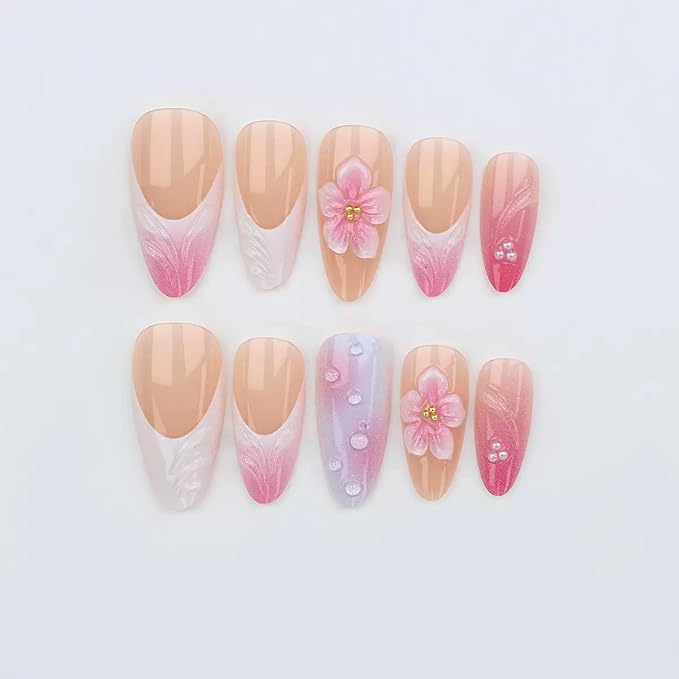 Press on Nails Almond - Medium, French Tip Fake Nails with Flower Design - Spring, Flower False Nails Press ons - for Women 24 Pcs