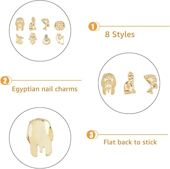 96Pcs 8 Styles 3D Egyptian Nail Charms Vintage Egyptian Nail Art Decoration Retro Nails Jewelry Accessories Pharaoh/Shell/Hamsa Rhinestone Decoration Golden for Nails Art Design