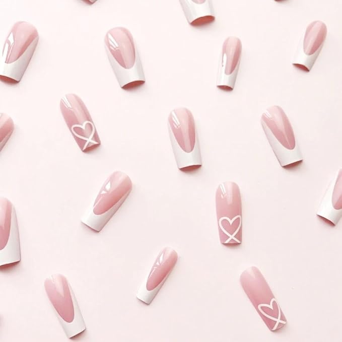 White French Tip Press on Nails Coffin Medium With Heart Design Glue on Glossy Full Cover Cute Acrylic for Women Manicure Kit 24Pcs