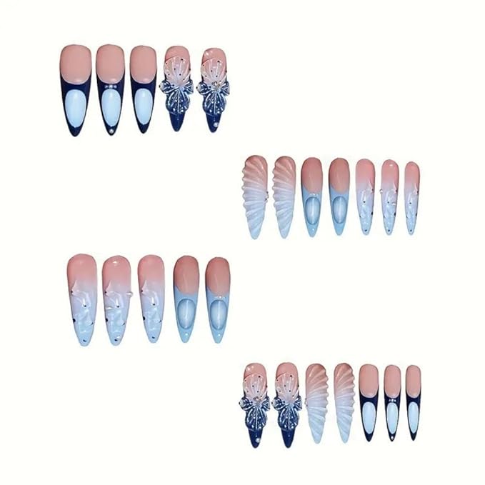 Handmade Press on Nails - Long Almond Glue on Nails - Flower Charm Design Blue French Tips Stick on Nail - 3D Pearl Water Ripple Fake Nail Glossy Summer False Nails for Women Manicure 24Pcs