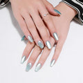 Light Blue Press On Nails Medium, Cat Eye Coffin Press On Nails with Crystal Glow Design, Fashion Gel Fake Nails, Reusable Coffin Fake Nails, Stick On Nails for Women, Crystal Frost