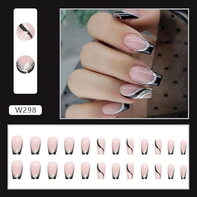 Black French Tip Press on Nails Medium Coffin Fake Nails Silver Glitter Nails Press ons with Design Reusable Artificial Nail Full Cover Glue on Nail Stick on Nails for Women Manicure 24Pcs