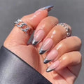 French Tip Press on Nails Medium Almond Fake Nails Silver French Nail Tips Metal False Nails Artificial Acrylic Nails Full Cover Glue on Nail for Women Nail Decoration