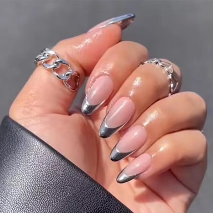French Tip Press on Nails Medium Almond Fake Nails Silver French Nail Tips Metal False Nails Artificial Acrylic Nails Full Cover Glue on Nail for Women Nail Decoration