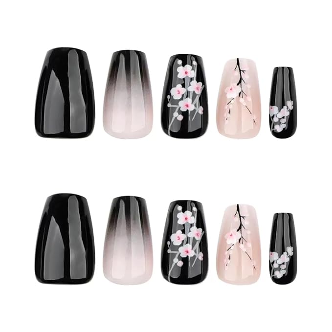 Press on Naills Black - Medium Coffin Fake Nails with Plum Blossom Design - Flower Stick on False Nails for Women - 24 Pcs