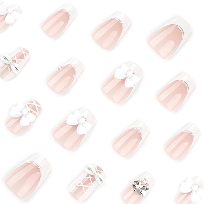 White Press on Nails Medium Coffin Fake Nails French Nails Press ons with Bow Tie Lace Design Full Cover Stick on Nails for Women Manicure,Reusable | Artificial | Nail Sticky Tabs | Easy Apply | 24Pcs