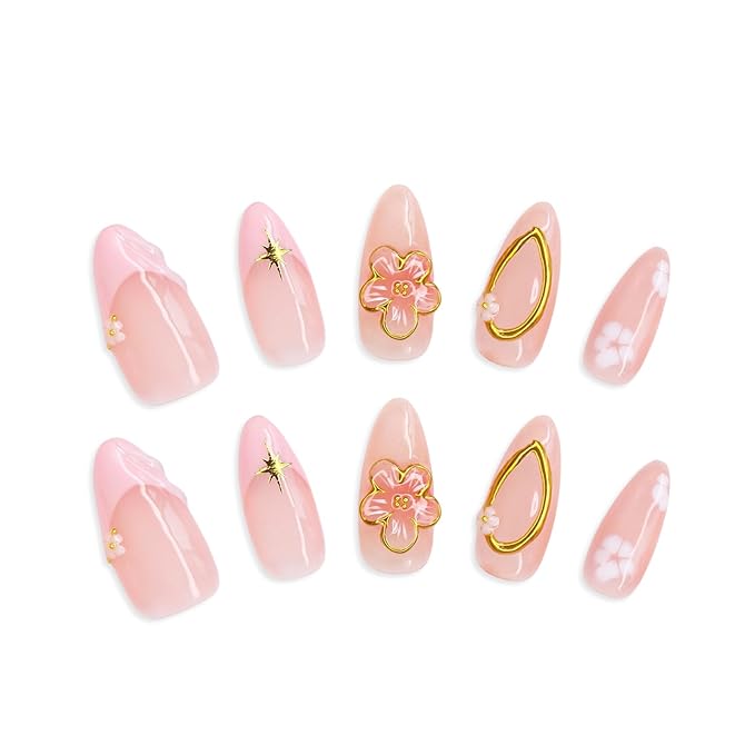 Handmade Press on Nails Medium Almond Fake Nails with 3D Gold Embossed & Flower Design Salon Quality Thickened Acrylic False Nail Full Cover Pink French Tips Stick on Nail for Women（Size S）
