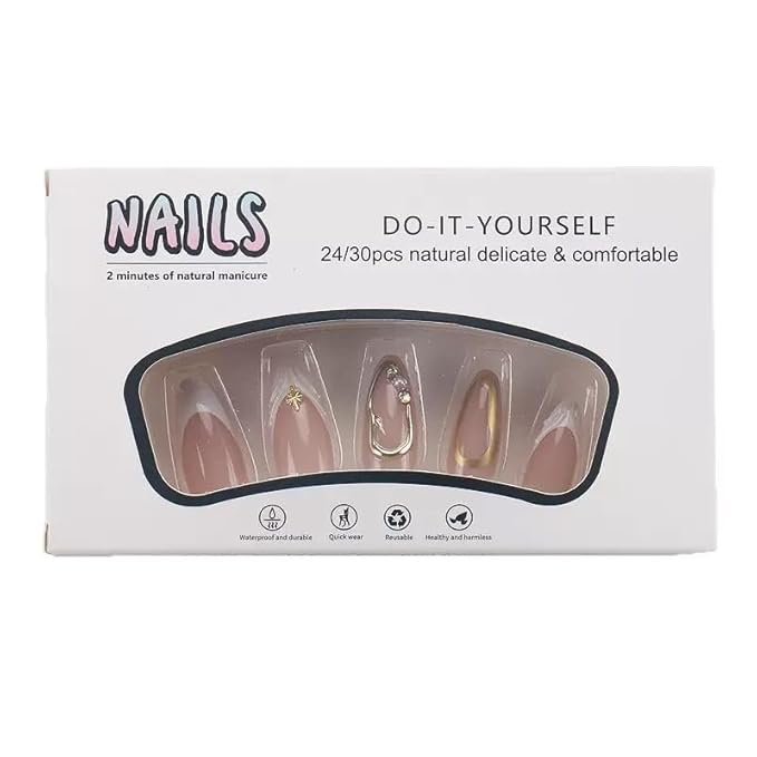 Press on Nails Almond - White French Tip Fake Nails with Gold Line Design - Glossy, Medium Fasle Nails for Women 24 Pcs