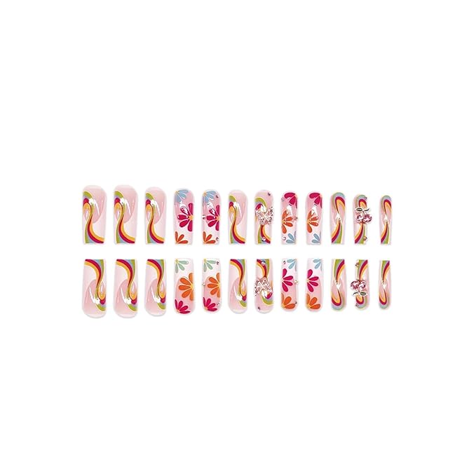 Press on Nails Coffin Long Length Acrylic Glossy Full Cover Square Shaped French False Nails with Designs Artificial Extra Long Fake Nails with Charms Glue ons Fingernails for Women(XXS289)