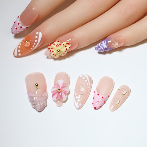 10 Pcs Handmade Reusable Almond press on nails | Misty Floral Cluster with Pink-Orange-Purple 3D Embossed Polka Dots & Pearls, For Women & Girls, Daily & Party Wear (A19, M)
