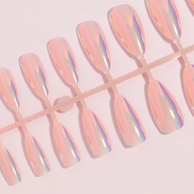 Almond Press on Nails Medium Chrome Fake Nails Metal Mirror False Nails Glossy Shiny Acrylic Nail Press ons Full Cover Holographic Glue on Nails for Women Girls Manicure 24 Pcs