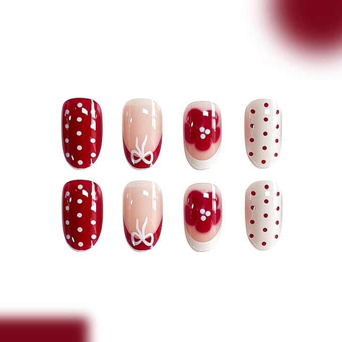 Press on Nails Short Oval MABKJLF French Tip Fake Nails Flower False Nails with Polka Dots Floral Designs Pink&White Glossy Glue on Nail Spring Summer Acrylic Nails for Women Girls 24Pcs