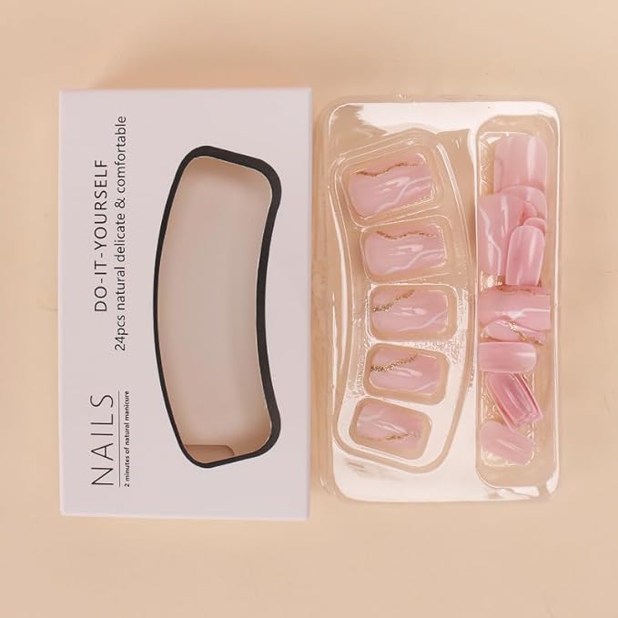 Light Pink Press On Nails - Short Square Glossy Fake Nails with White Gold Glitter Swirl Wave Designs - Reusable Artificial Nails Full Cover Glue on Nail Stick on Nails for Women Manicure 24Pcs