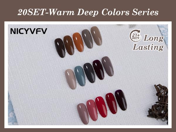 20 PCS Gel Nail Set, 15 Colors Gel Polish Set Dark Red Brown Grey Shades, with Gold Silver Glitter and Glossy Matte Top Coat, Base Coat, for Women Gift Kit