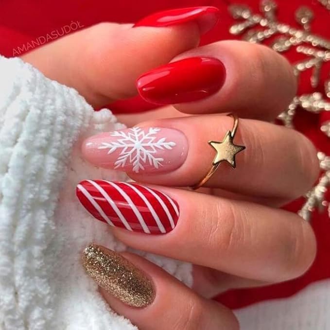 6 Packs (144 Pcs) Christmas Press on Nails Medium Almond Fake Nails Winter Xmas False Nails with Designs Snowflake Glue on Nails Full Cover Glossy Acrylic Stick on Nail for Women Girls Manicure