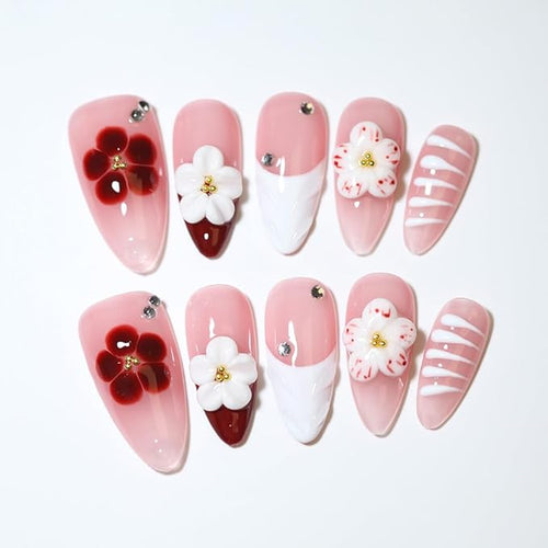 10 Medium Almond 3D Floral Handmade Press On Nails, Vintage Red with seashells and Shiny Rhinestones, Pearls & Cat Eye, Removable and Reusable, All Seasons (pink 18A, S)