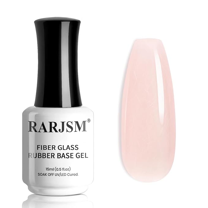 RARJSM Nude Bubble Pink Fiber Glass Rubber Base Gel Nail Polish for Repair Broken Nails StrengthenerGel Base Coat Transparent Brush on Building Gel in a Bottle Soak Off UV LED Curing Requires 15ml