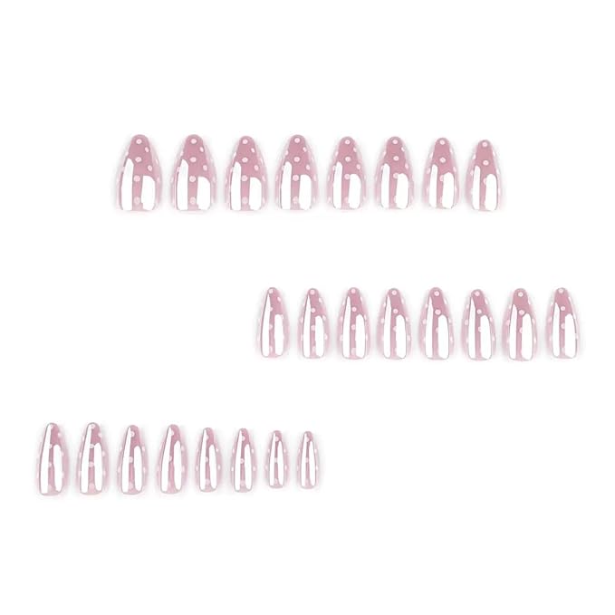 Short Press on Nails Almond - Chrome Pink Fake Nails with Polka Dot Design - Glossy Full Cover Stick on False Nails for Women 24 Pcs