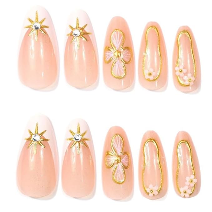 Flower Press on Nails Medium Almond Fake Nails French Tip False Nails Spring Floral Glossy Full Cover Acrylic Glue on Nail Cute Artificial Stick on Nail for Women Manicure Decoration 24Pcs