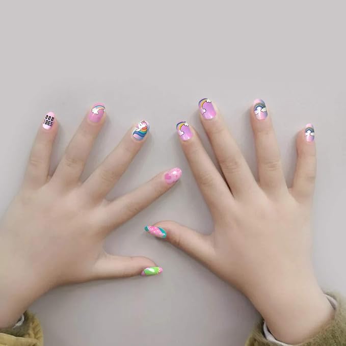 Allstarry 120pcs 5 pack Children Nails Press on Pre-glue Full Cover Glitter Gradient Color Rainbow Short False Nail Kits Lovely Gift for Children Little Girls Nail Art Decoration - Unicorn & Rainbow