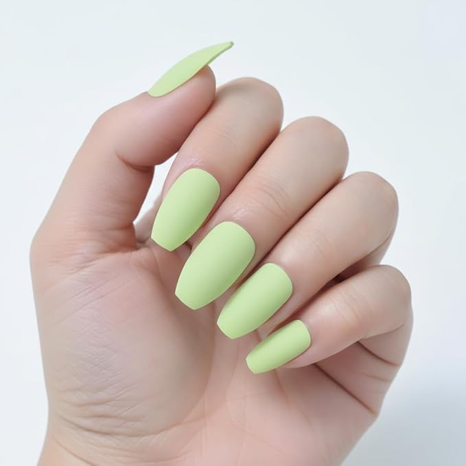 Press on Nails Matte Lime Green - Long Almond Fake Nails Full Cover (24pcs),Easy Application Manicure Set for Work, Party & Daily Use, Perfect for Women and Students