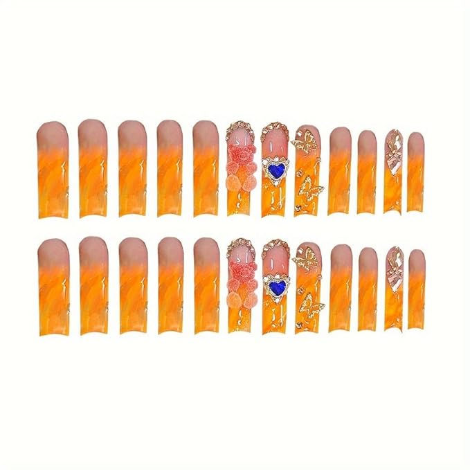 Ombre Orange French Tips Press on Nails Long Square Fake Nails with Hearts Bear Charm Design Butterfly Diamond False Nails Flower Fake Toenails Short Square Press on Toenails for Women Manicure 48Pcs