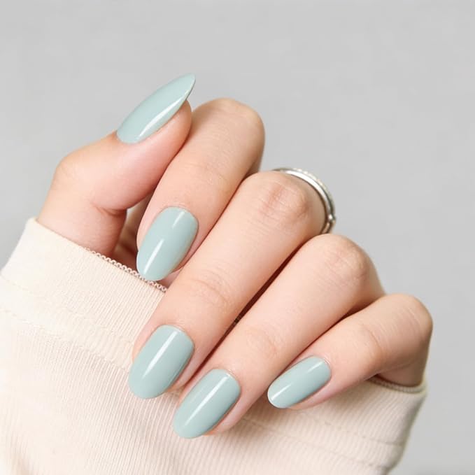 Press On Nails Almond,Medium Blue Green Soft Gel Fake Nail Kit With Nail Glue,30-Piece-15 Sizes Durable Reusable Press On Nails for Women Gift(light green)
