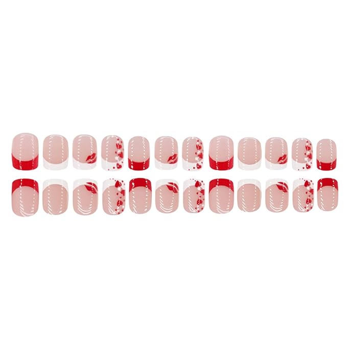 24Pcs Heart Press on Nails Valentines Day French Tip Fake Nails Short Square Petite Acrylic Nails with Heart Red Lips Design Valentines Glue on Nails Glossy Artificial False Nails for Women and Girls