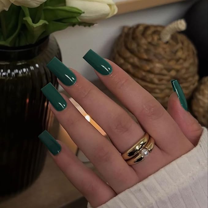 KQueenest Dark Green Press on Nails Long Medium Square, Forest Green Fake Nails Medium Coffin, Glossy Sheer Color Acrylic Nails Press ons, Reusable Soft Gel Glue on Nails for Women Finger Wear