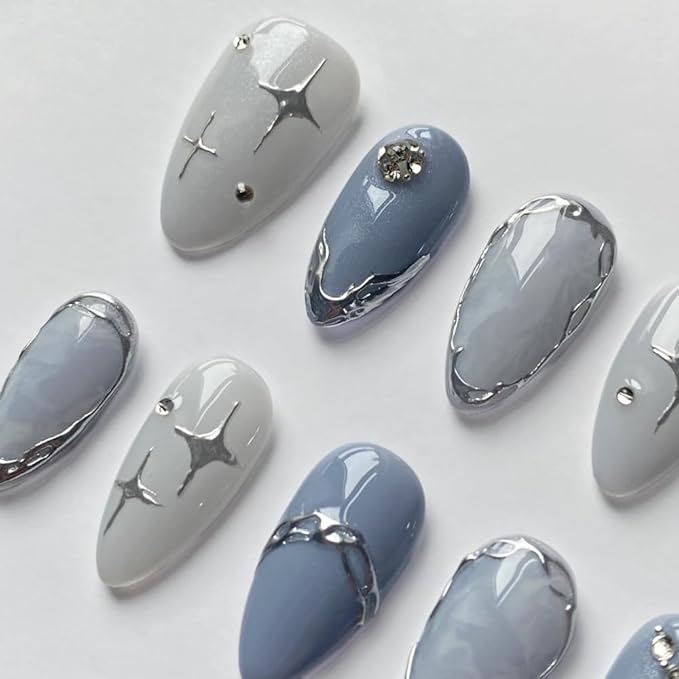 Press On Nails - Handmade 3D False Nails Short Medium Almond 10 Pcs Reusable ABS Material Finger Painting Nail Tip French Salon Design Artificial Fingernail for Women-M size
