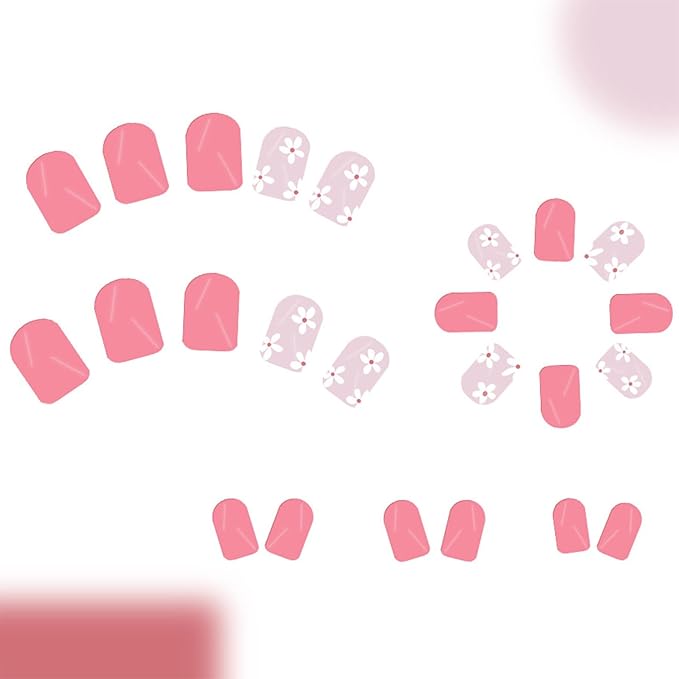 Pink Press on Nails Short Square Fake Nails Pink Full Cover Artificial False Nails with Floral Designs Acrylic Nails Reusable Glue on Nails Removable Stick on Nails for Women 24 Pcs