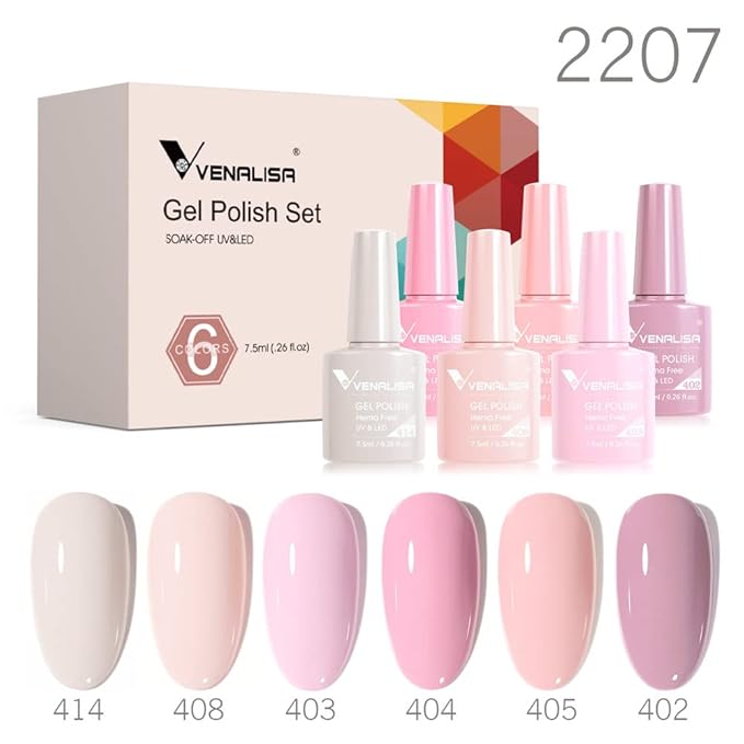 VENALISA Hema-Free Pink Gel Nail Polish Set- 6 Colors Popular Nude Pink Gel Polish Kit, Soak Off LED Nail Lamp Light Pink Gel Manicure Kit DIY at Home Salon Gifts for Women Girls
