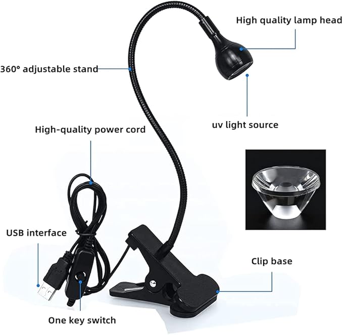 Mini UV Lamp for Gel Nails, LED Curing Lamp with Flexible Gooseneck & Clamp 3W Portable Small Manicure UV Light Nail Dryer for Resin Curing Nail Art