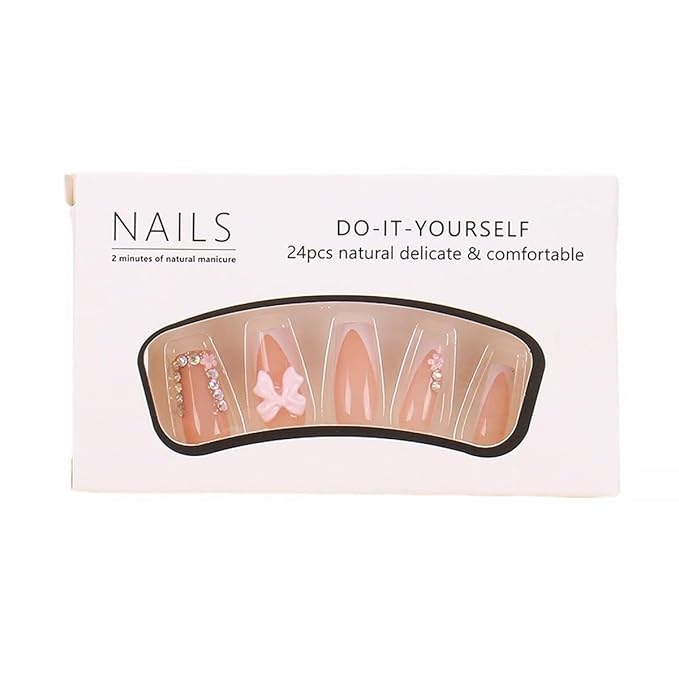 24pcs White French Tip Press on Nails Short Square Fake Nails Rhinestones Full Cover Tip Glitter Stick on Nails Pink Flower Designs Acrylic Glue on Nail Bow False Nails for Women DIY