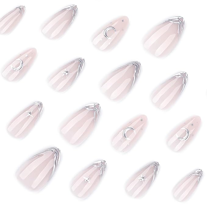 Silver Press on Nails Medium Almond Fake Nails Celestial Nails Press ons with Silver Moons,Stars,Chrome Outlines Design,Reusable Artificial Nail Full Cover Stick on Nails for Women Manicure 24Pcs