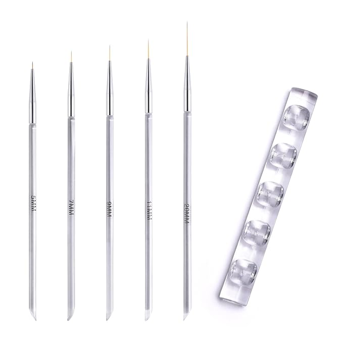 Nail Art Liner Brushes with Nail Brush Holder 5Pcs Striping Brushes Gel Polish Painting Art Design Pen Set for Fine Drawing (White)