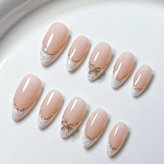 Press On Nails Almond Shape Hnadmade Fake Nails, Acrylic Nails Cute Bow French Reusable Artificial Almond False Nails for Women (Size M)