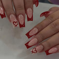 Red French Tip Press on Nails Coffin - Medium Fake Nails with Heart Design - Glossy Full Cover Stick on Press ons for Women Manicure Kit 24 Pcs