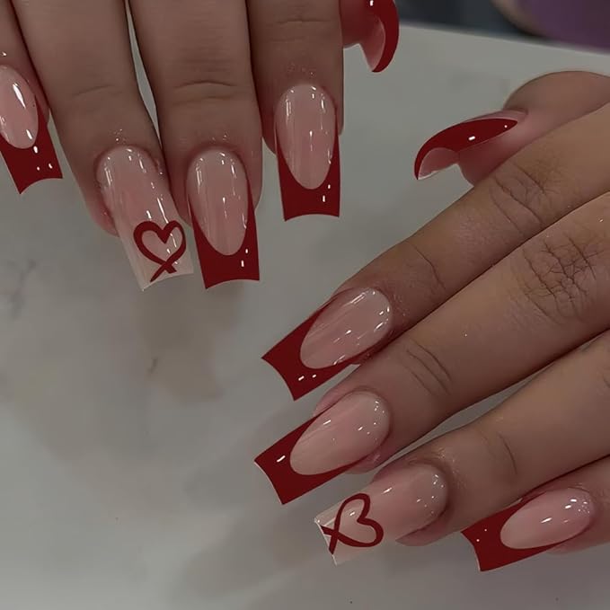 Red French Tip Press on Nails Coffin - Medium Fake Nails with Heart Design - Glossy Full Cover Stick on Press ons for Women Manicure Kit 24 Pcs