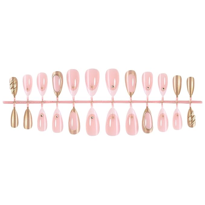 Almond Press on Nails - Medium White French Tip Fake Nails Press ons with Gold Star & Rhinestones Designs, Glossy Acrylic Nails Full Cover Glue on Nails for Women Manicure 24Pcs