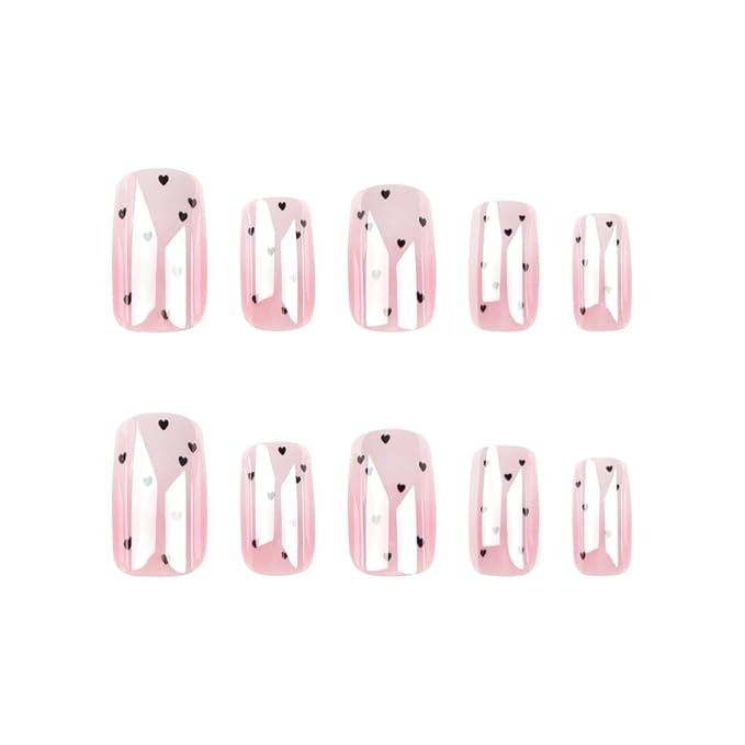 Valentine's Day Press on Nails Medium Square Fake Nails Ombre Chrome Nails Press ons with Black Love Heart Design Full Cover Stick on Nails for Women Manicure,Reusable | Glue Tabs | Easy Apply | 24Pcs