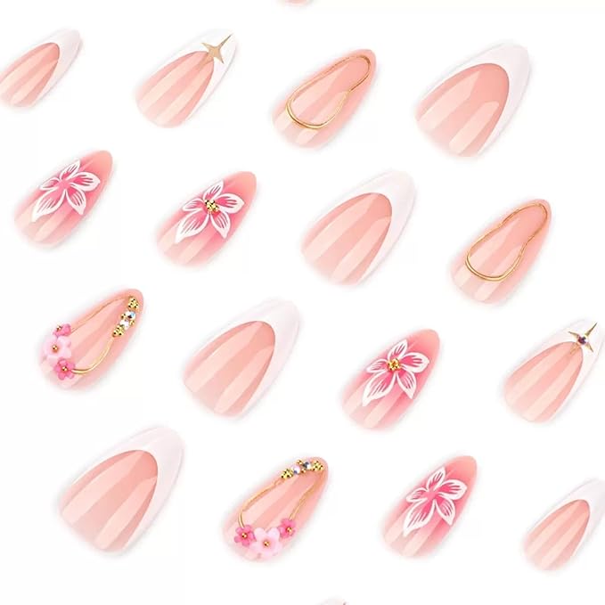Press on Nails Almond - Medium Fake Nails with Flower Design - Gold Line, White French Tip False Nails - for Women 24 Pcs